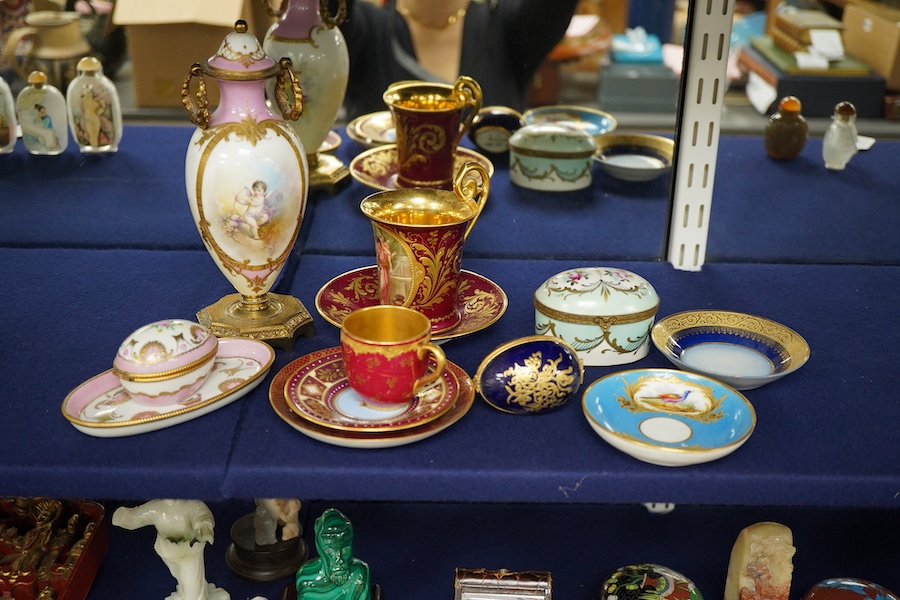 A collection of porcelain to include a Vienna cabinet cup and saucer, continental ormolu mounted urn, Limoges Bonbonniere and stand etc. tallest 20cm